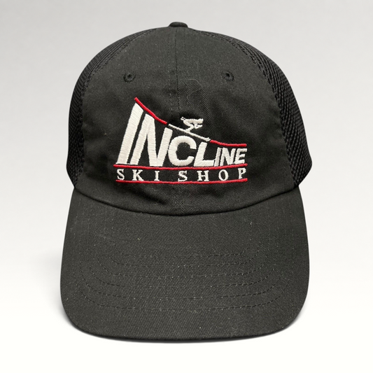 Raree Finds vintage black trucker hat with Incline Ski Shop embroidered logo and breathable mesh back