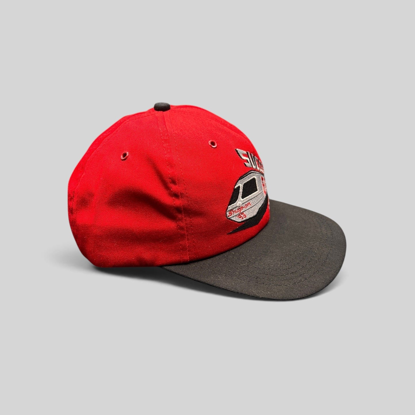 Raree Finds vintage 1993 Snap-on Success Express snapback hat with red crown, black brim, and embroidered train graphic.