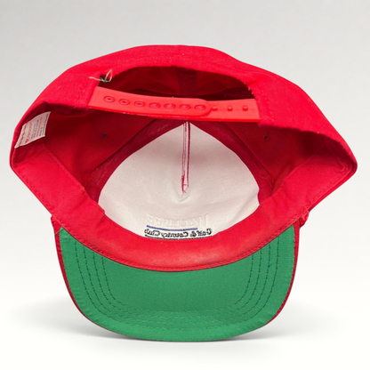 Raree Finds vintage snapback hat interior view showing red crown, green brim, and adjustable plastic strap