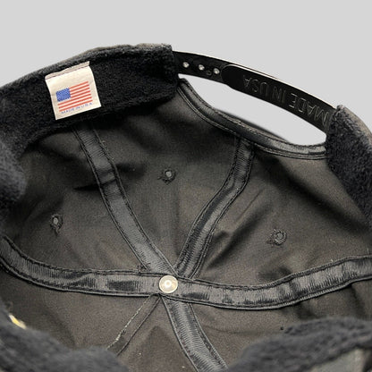 Raree Finds vintage 1993 WMAA snapback interior showing Made in USA tag, black fabric, and terry cloth sweatband.