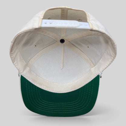 Raree Finds vintage Ya-Hopi Headwear Super Bowl XXII snapback hat showing the interior white crown and green underbill