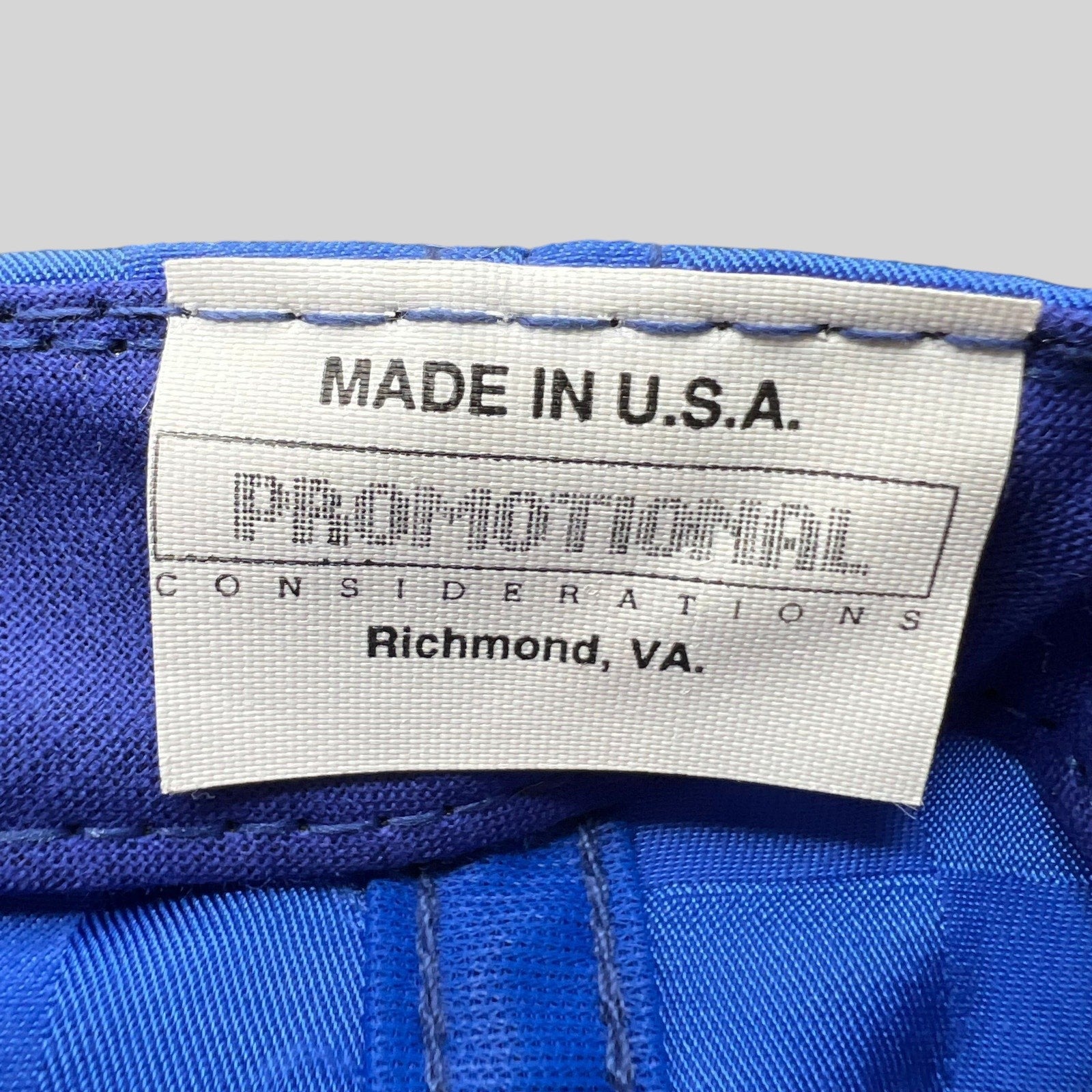 Raree Finds vintage snapback interior label showing Made in U.S.A. and Promotional Considerations Richmond VA text