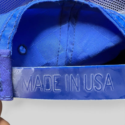 Raree Finds vintage royal blue snapback hat featuring a Made in USA embossed plastic strap detail