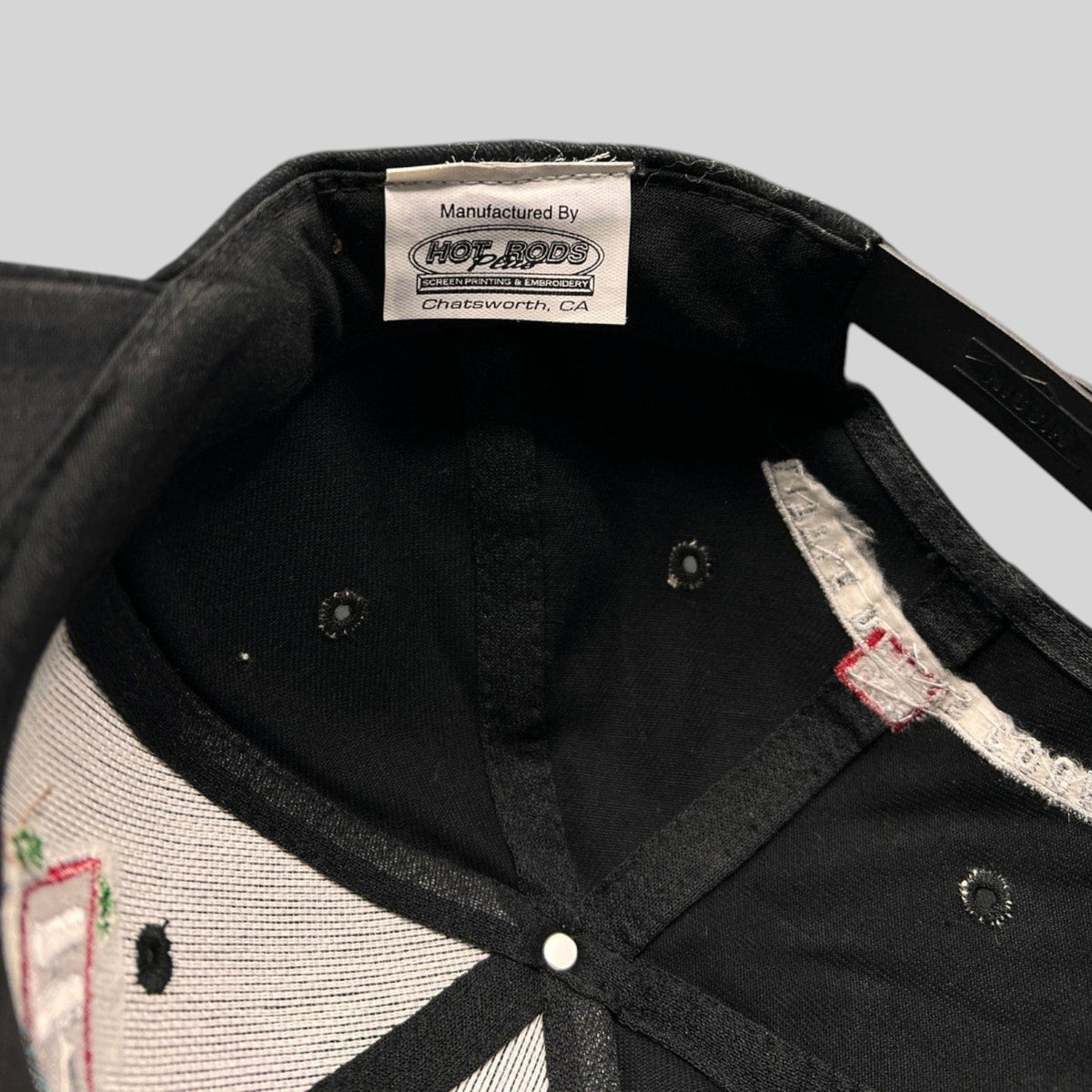 Raree Finds vintage Beach Boys snapback hat interior showing Hot Rods Chatsworth CA manufacturer tag and stitching