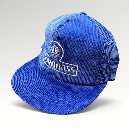 Raree Finds vintage royal blue corduroy Snowmass ski resort strapback hat with embroidered logo and structured crown.