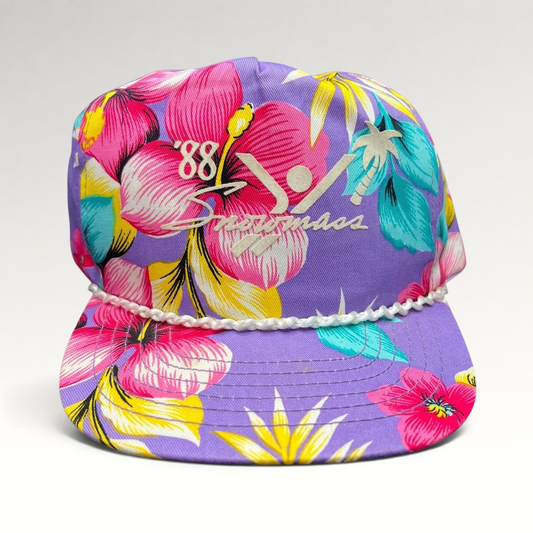Raree Finds vintage 1988 Snowmass purple floral snapback hat with white rope brim and tropical skier graphic