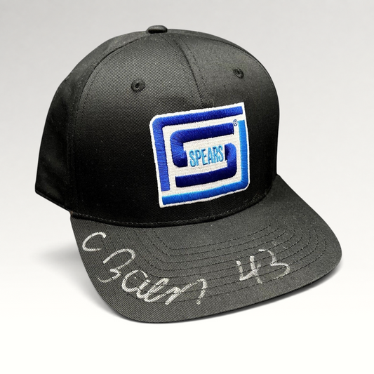 Raree Finds vintage black snapback hat with blue Spears logo embroidery and a silver autograph on the brim