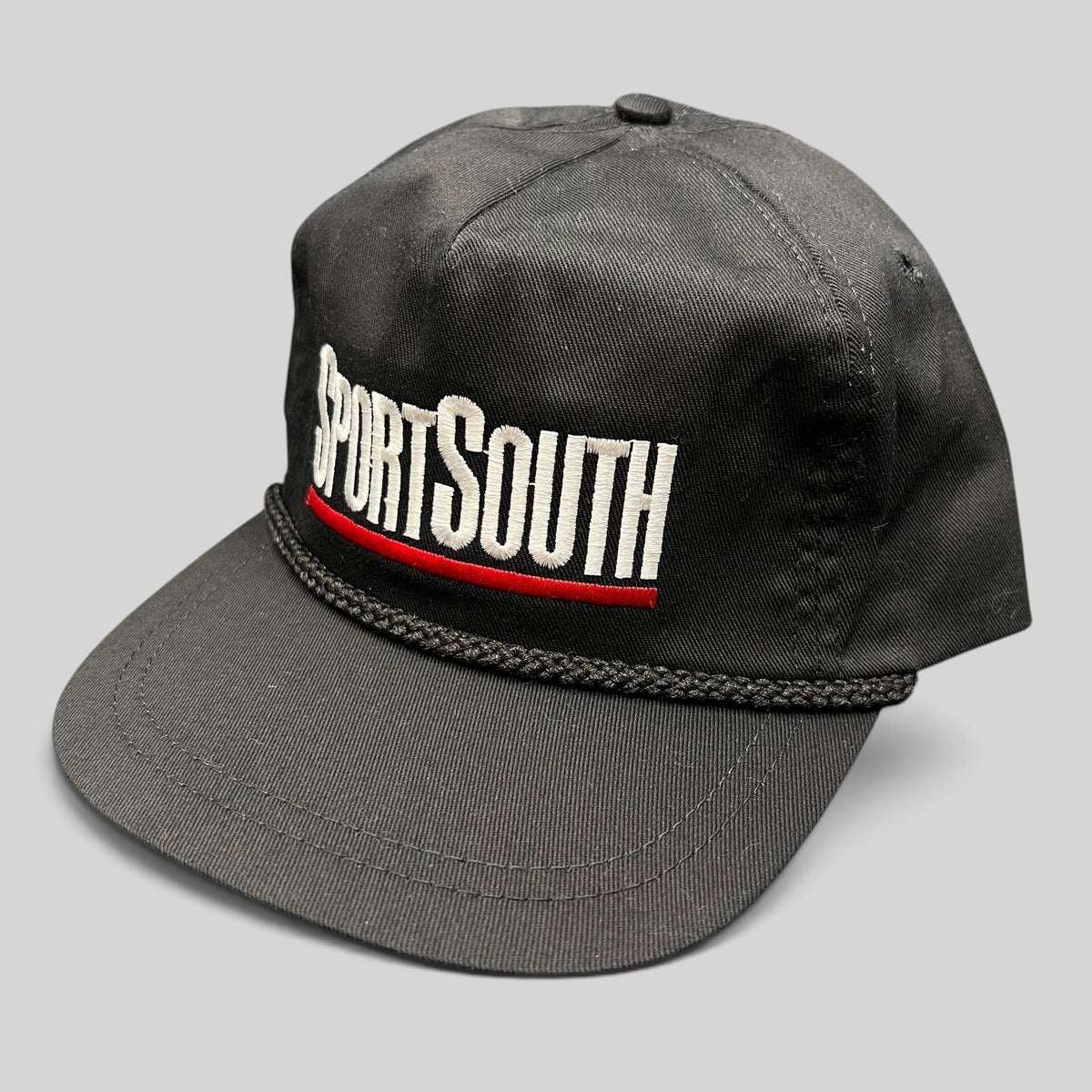 Raree Finds vintage black SportSouth strapback hat with white and red embroidery and braided rope brim detail