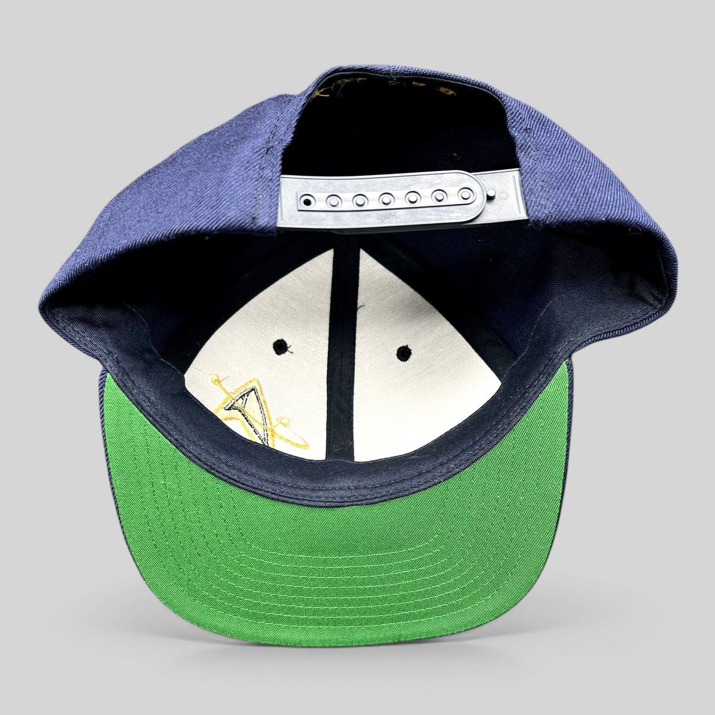Raree Finds vintage Star Trek cast and crew snapback hat with navy crown, green underbrim, and snapback closure.