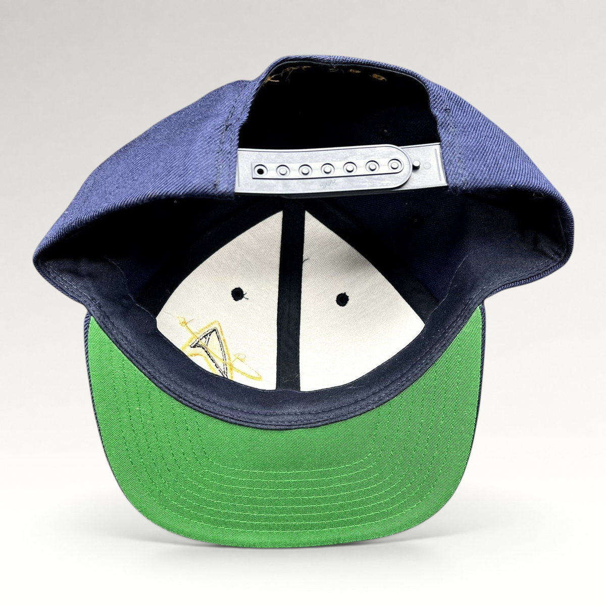 Raree Finds vintage Star Trek cast and crew snapback hat with navy crown, green underbrim, and snapback closure.