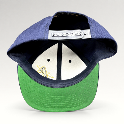 Raree Finds vintage Star Trek cast and crew snapback hat with navy crown, green underbrim, and snapback closure.