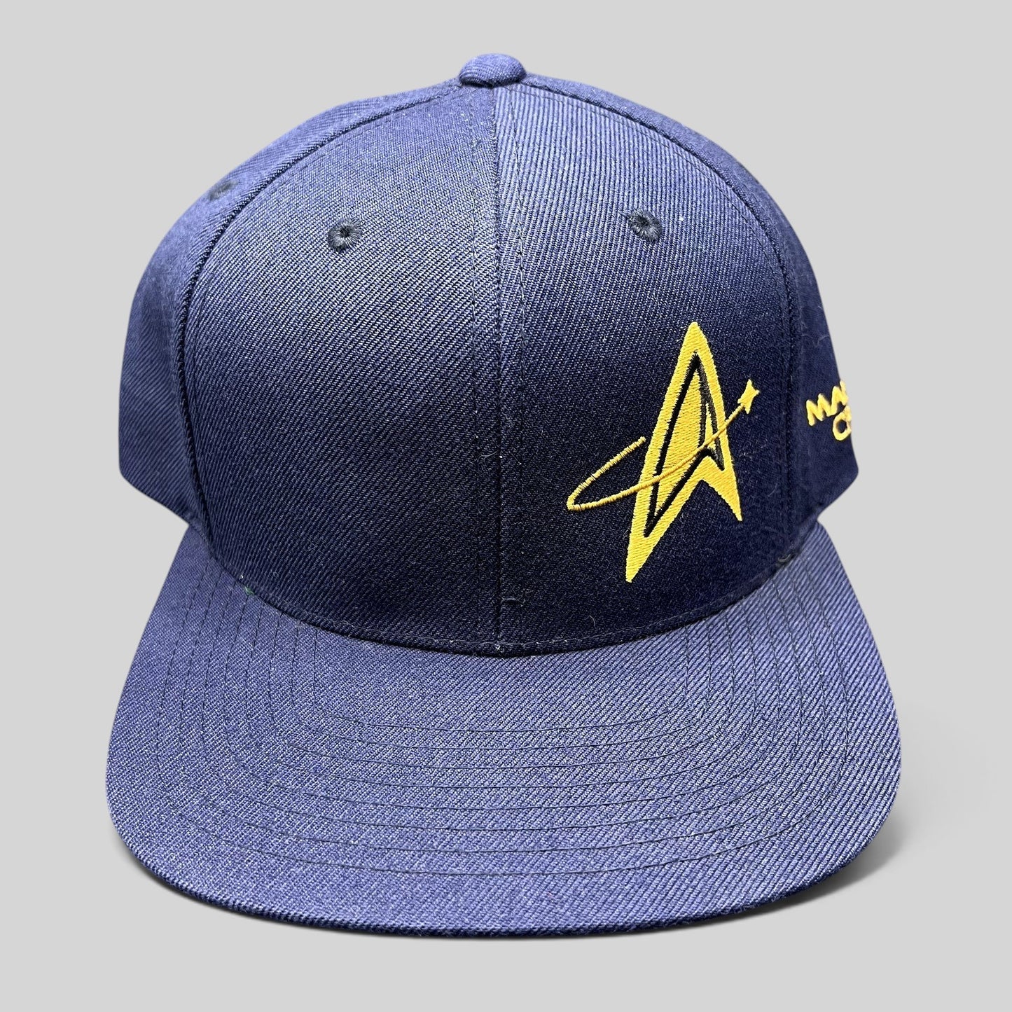Raree Finds vintage navy Star Trek Starfleet Academy snapback hat with gold embroidered insignia and crew text