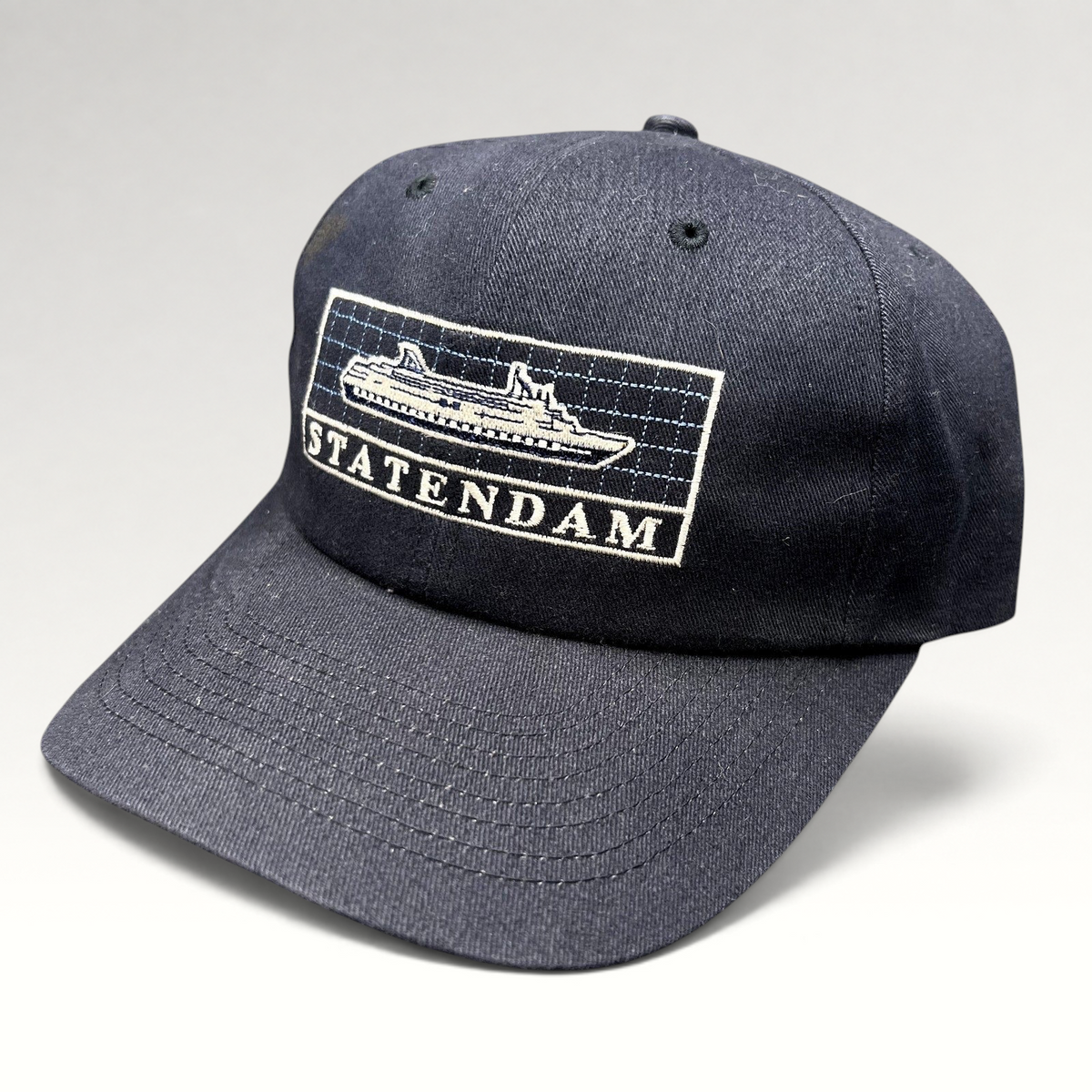 Raree Finds vintage navy blue cotton strapback hat featuring an embroidered Statendam cruise ship graphic