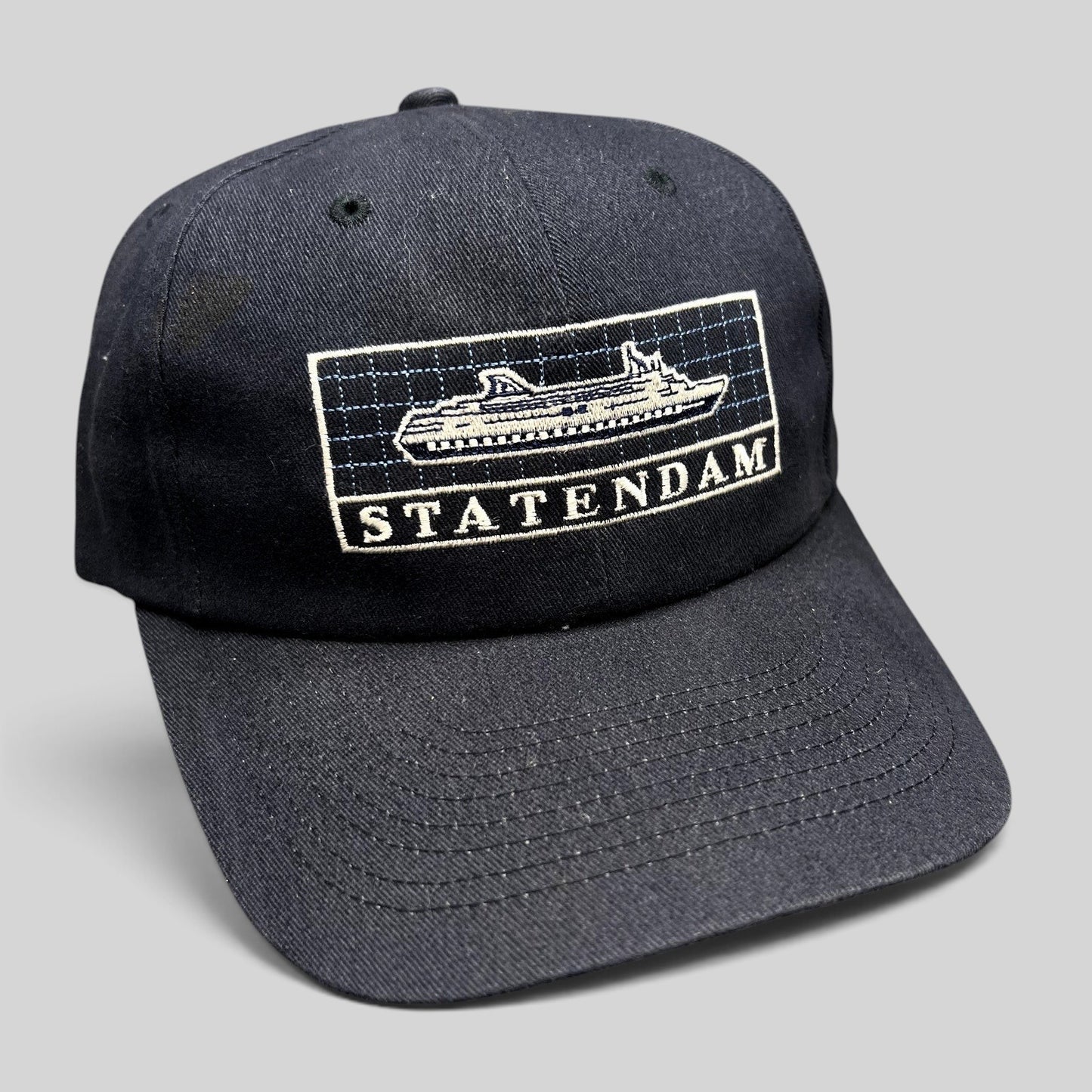 Raree Finds vintage navy blue cotton strapback hat featuring an embroidered Statendam Holland America cruise ship logo