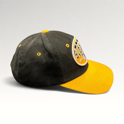 Raree Finds vintage Pittsburgh Steelers snapback hat with black crown, gold visor, and embroidered team patch.
