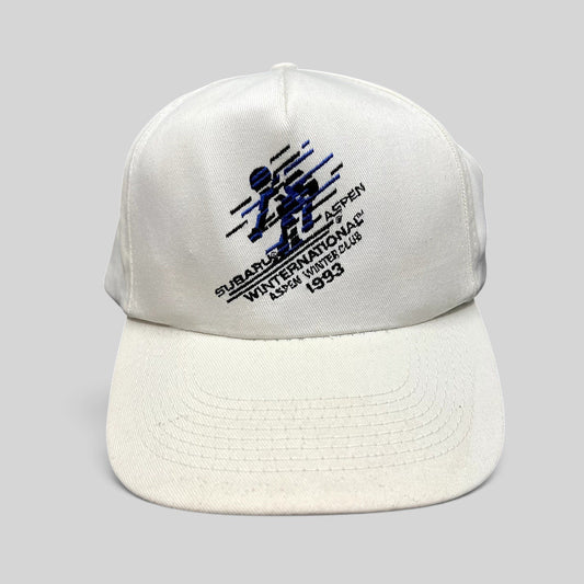 Raree Finds vintage 1993 Subaru Aspen Winternational white snapback hat with embroidered skier graphic