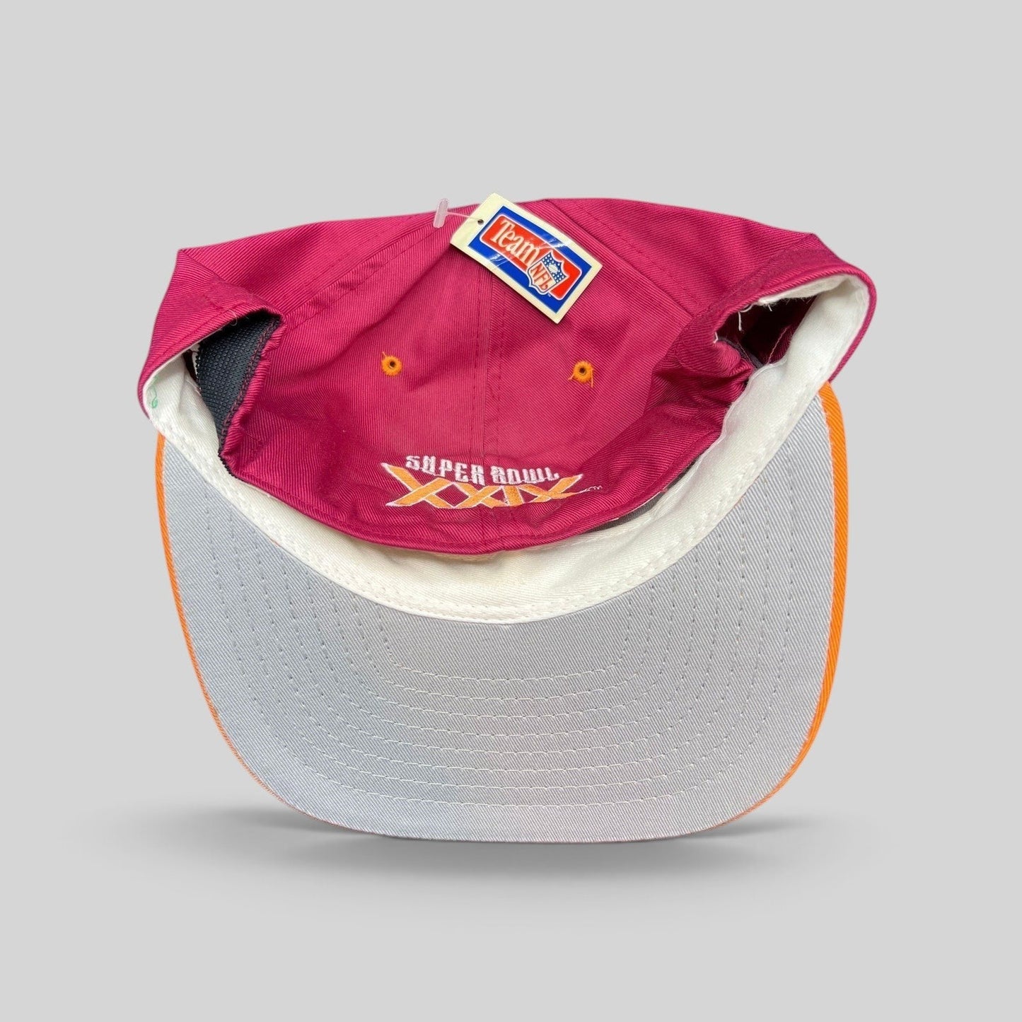 Raree Finds vintage 1995 Super Bowl XXIX snapback hat with maroon crown, orange brim, and gray undervisor