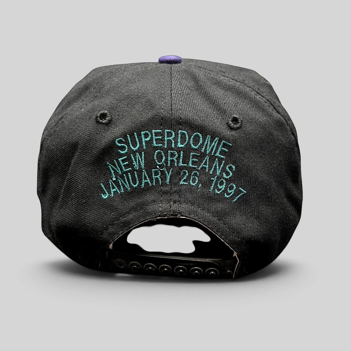 Raree Finds vintage 1997 Super Bowl XXXI snapback hat back view with teal embroidered Superdome New Orleans text