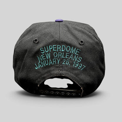 Raree Finds vintage 1997 Super Bowl XXXI snapback hat back view with teal embroidered Superdome New Orleans text