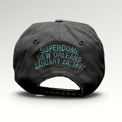 Raree Finds vintage 1997 Super Bowl XXXI snapback hat back view with teal embroidered Superdome New Orleans text