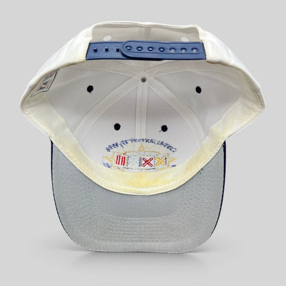 Raree Finds vintage 1998 Super Bowl XXXII snapback hat featuring a white crown, navy brim, and interior sweatband.