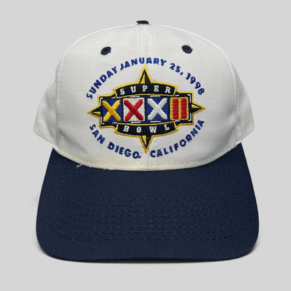 Raree Finds vintage 1998 Super Bowl XXXII snapback hat with white crown, navy brim, and embroidered San Diego logo.