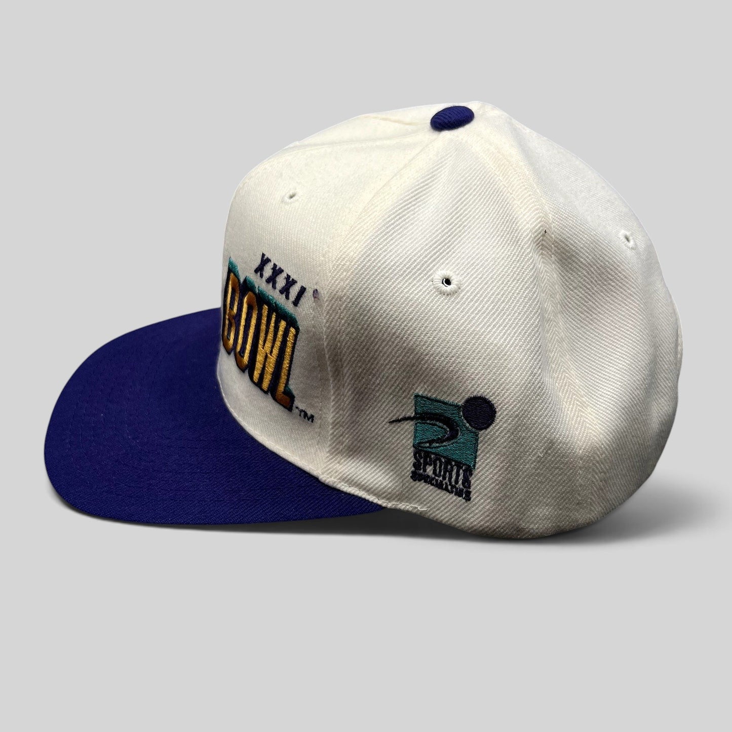 Raree Finds vintage 1997 Super Bowl XXXI Sports Specialties snapback hat with white crown and purple brim