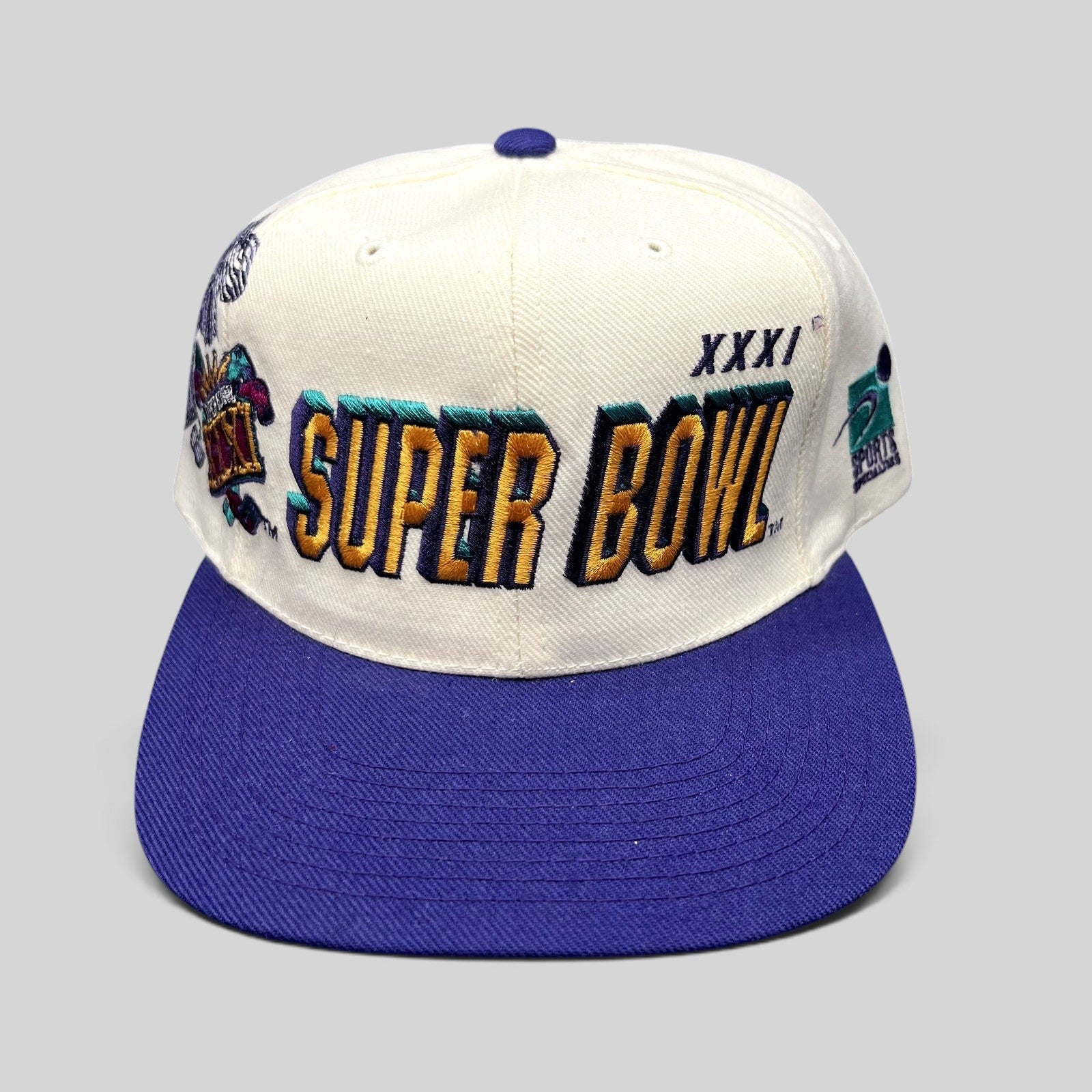 Raree Finds vintage 1997 Super Bowl XXXI Sports Specialties snapback hat with white crown and purple brim
