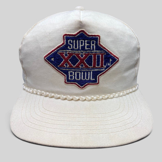 Raree Finds vintage 1988 Super Bowl XXII snapback hat in white cotton with a braided rope brim and embroidered logo.
