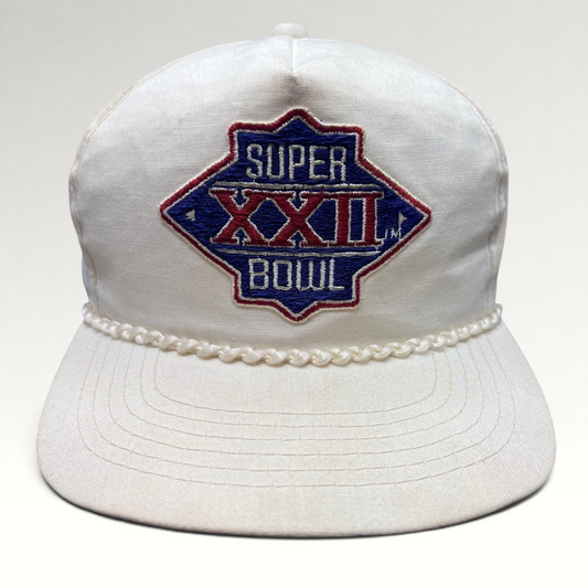 Raree Finds vintage 1988 Super Bowl XXII snapback hat in white cotton with a braided rope brim and embroidered logo.
