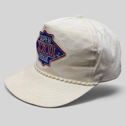 Raree Finds vintage 1988 Super Bowl XXII snapback hat in white cotton with a braided rope brim and embroidered logo.