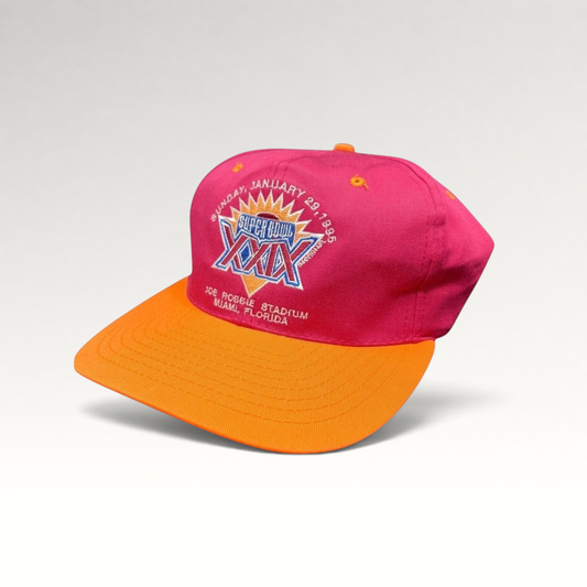 Raree Finds vintage 1995 Super Bowl XXIX snapback hat with a maroon crown, orange brim, and embroidered NFL logo.