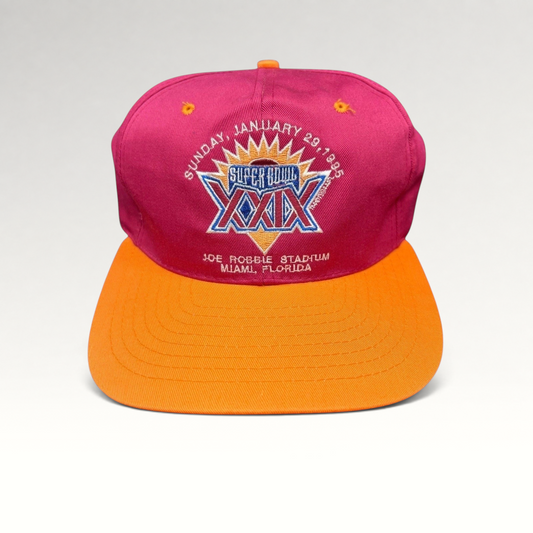 Raree Finds vintage 1995 Super Bowl XXIX snapback hat with a maroon crown, orange brim, and embroidered NFL logo.