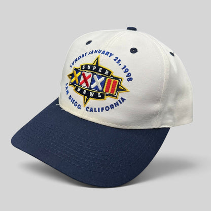 Raree Finds vintage 1998 Super Bowl XXXII snapback hat with white crown, navy brim, and embroidered San Diego logo.