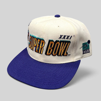 Raree Finds vintage 1997 Super Bowl XXXI Sports Specialties snapback hat with purple brim and embroidered crown