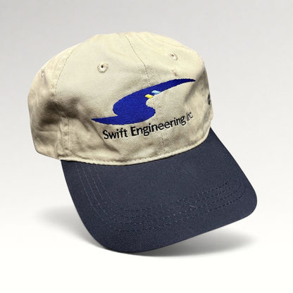 Raree Finds vintage Swift Engineering Inc two-tone khaki and navy cotton strapback hat with embroidered logo