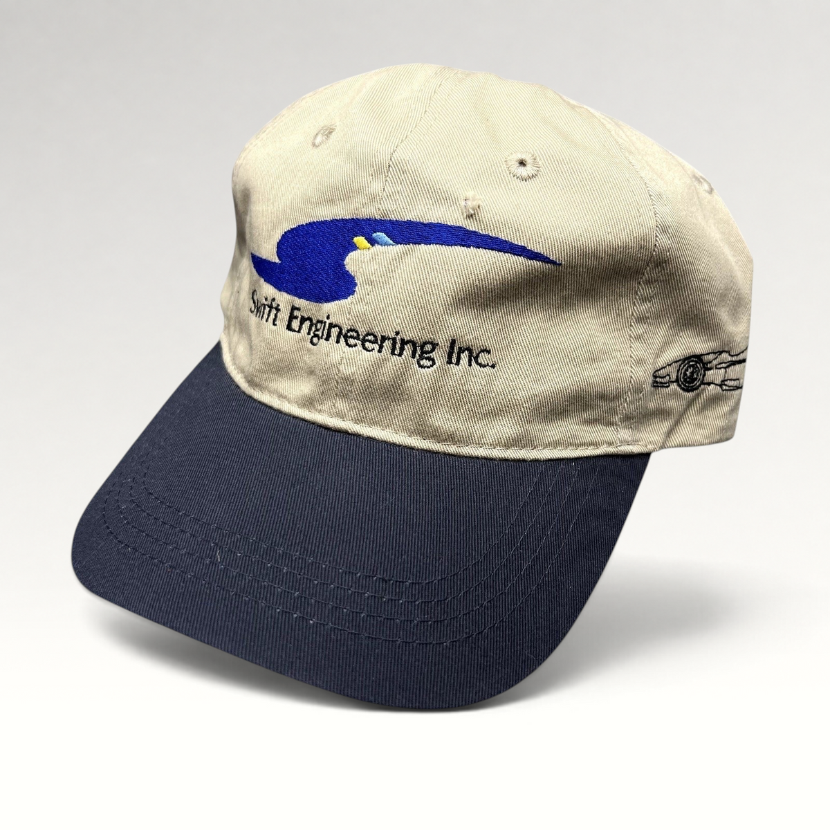 Raree Finds vintage two-tone khaki and navy OTTO strapback hat with Swift Engineering Inc logo embroidery
