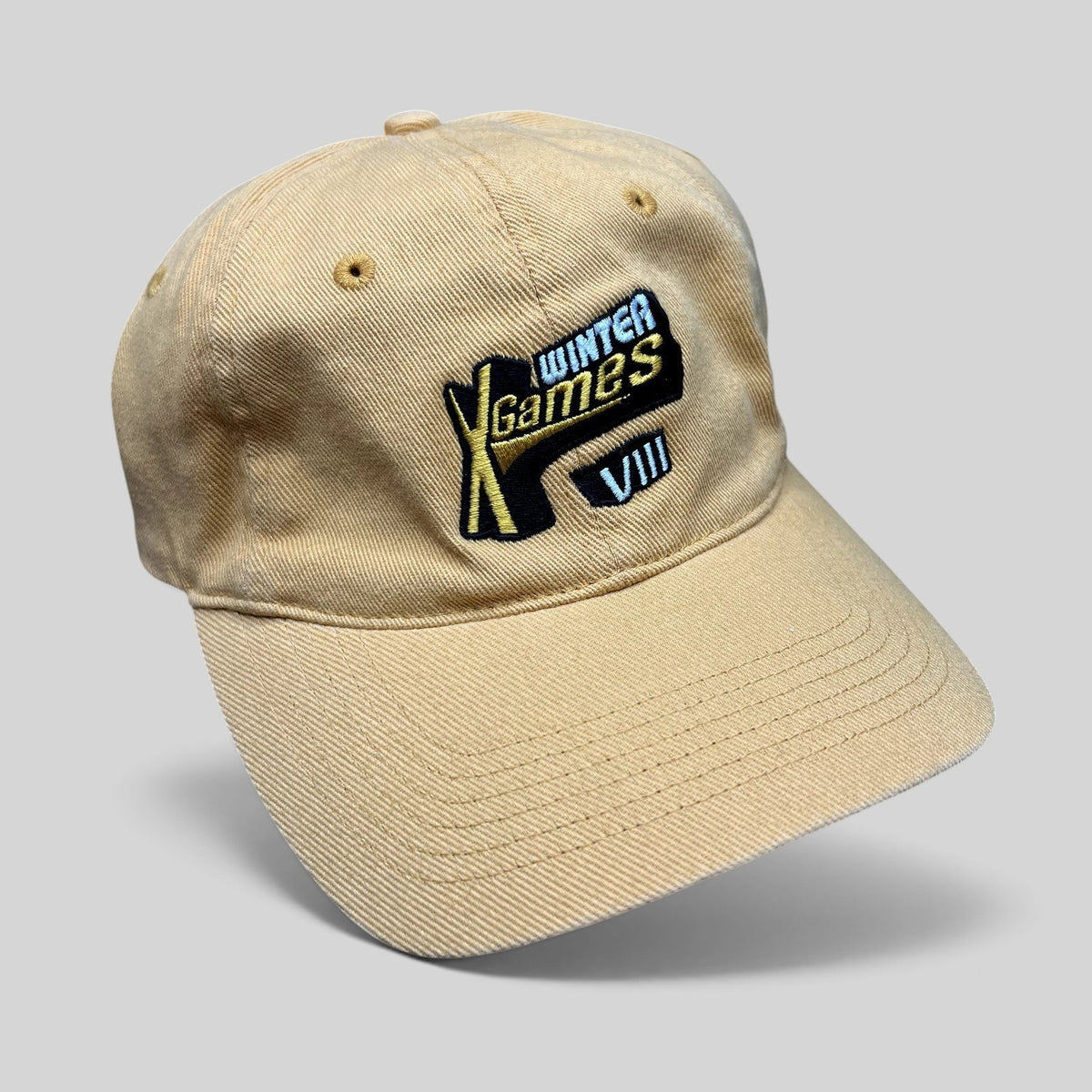 Raree Finds vintage tan cotton strapback hat with embroidered Winter X Games VIII logo from ESPN extreme sports