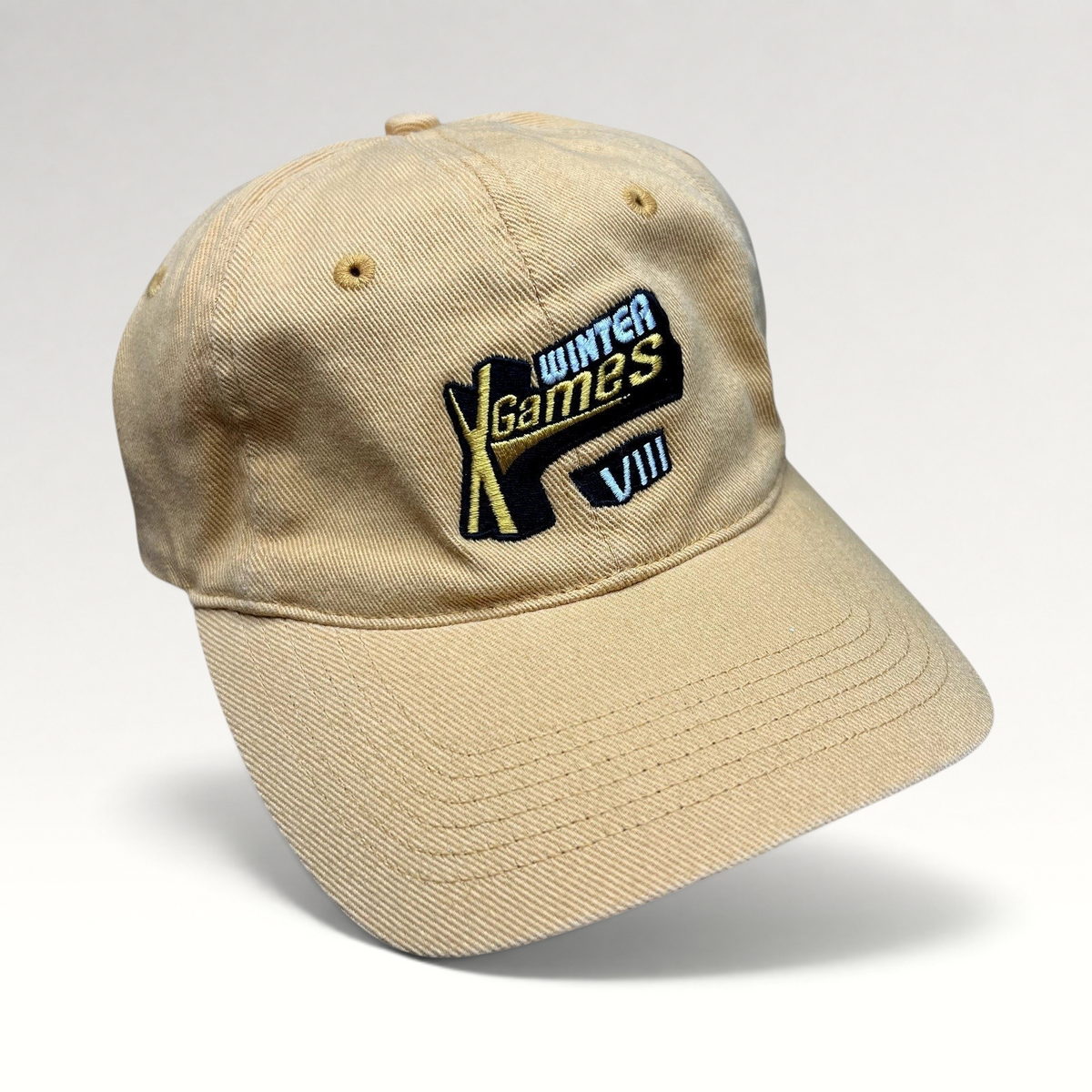 Raree Finds vintage tan cotton strapback hat with embroidered Winter X Games VIII logo from ESPN extreme sports