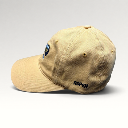 Raree Finds vintage tan cotton ADAMS strapback hat with Winter X Games VIII and Aspen embroidery on the side