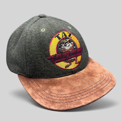 Raree Finds vintage 1991 Harley-Davidson Taz hat with olive wool crown and brown suede brim featuring Taz embroidery.