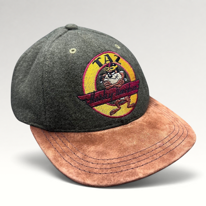 Raree Finds vintage 1991 Harley-Davidson Taz hat with olive wool crown and brown suede brim featuring Taz embroidery.