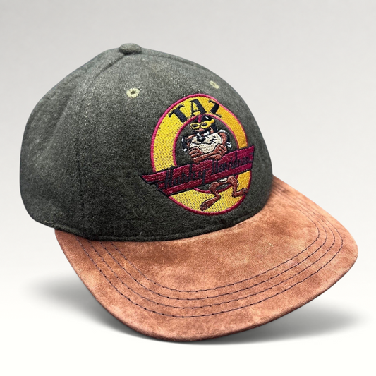 Raree Finds vintage 1991 Harley-Davidson Taz hat with olive wool crown and brown suede brim featuring Taz embroidery.