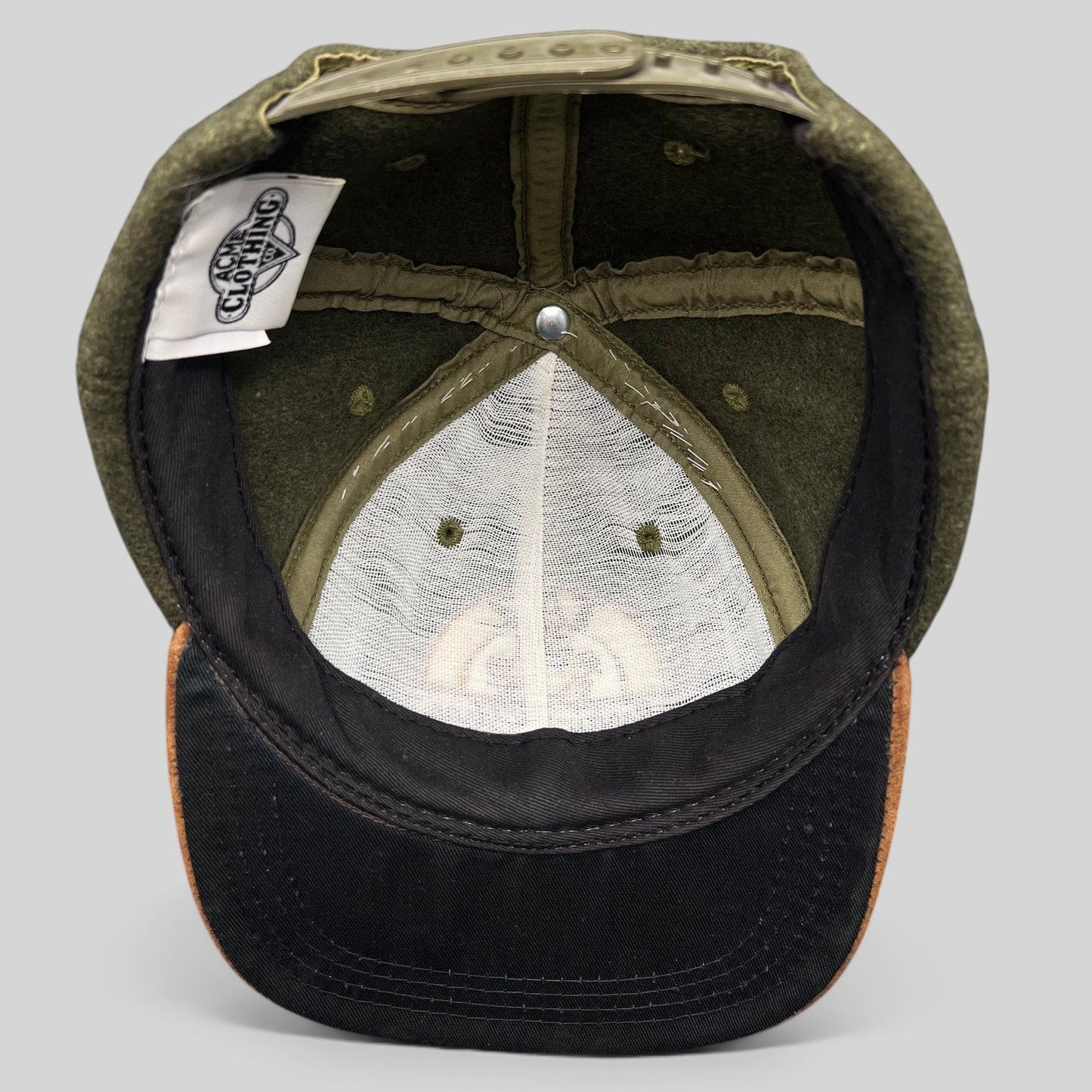 Raree Finds vintage 1991 Acme Clothing Taz Harley-Davidson hat interior showing wool crown and suede brim construction