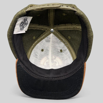 Raree Finds vintage 1991 Acme Clothing Taz Harley-Davidson hat interior showing wool crown and suede brim construction