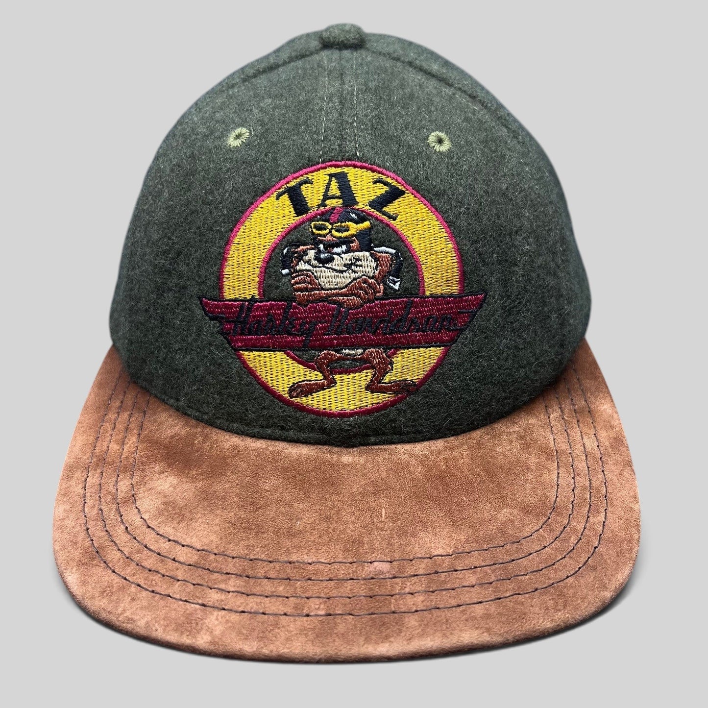 Raree Finds vintage 1991 Harley-Davidson Taz wool hat with olive green crown and brown suede brim