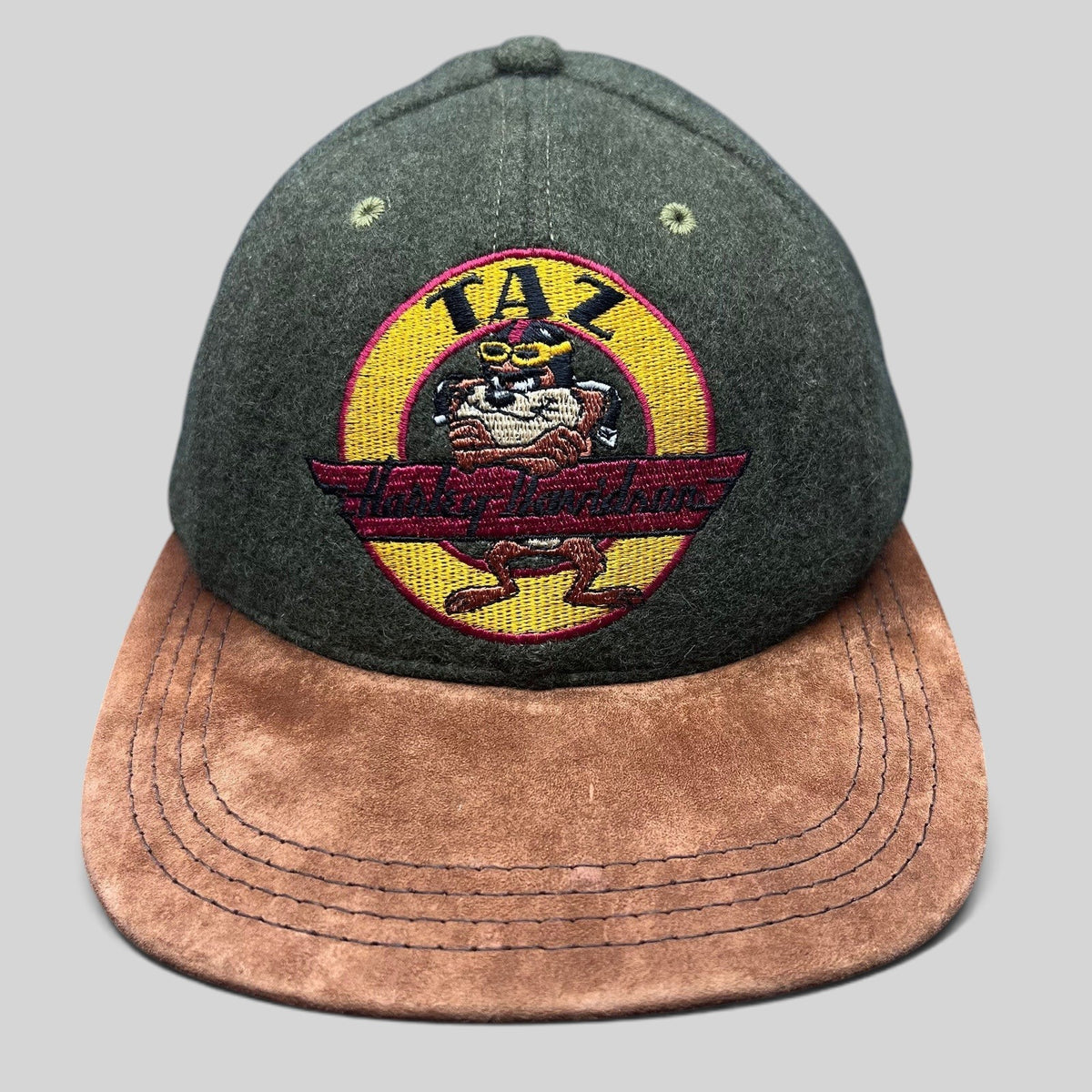 Raree Finds vintage 1991 Harley-Davidson Taz wool hat with olive green crown and brown suede brim