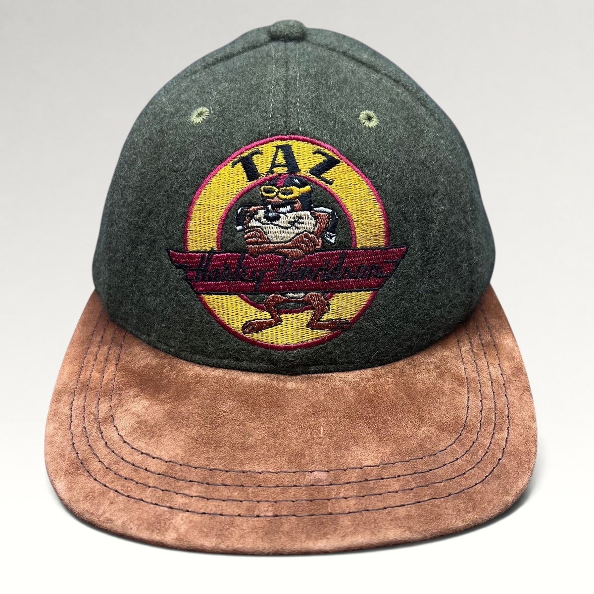 Raree Finds vintage 1991 Harley-Davidson Taz wool hat with olive green crown and brown suede brim