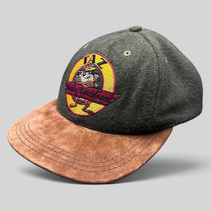 Raree Finds vintage 1991 Harley-Davidson Taz hat with olive wool crown and brown suede brim featuring Taz embroidery.