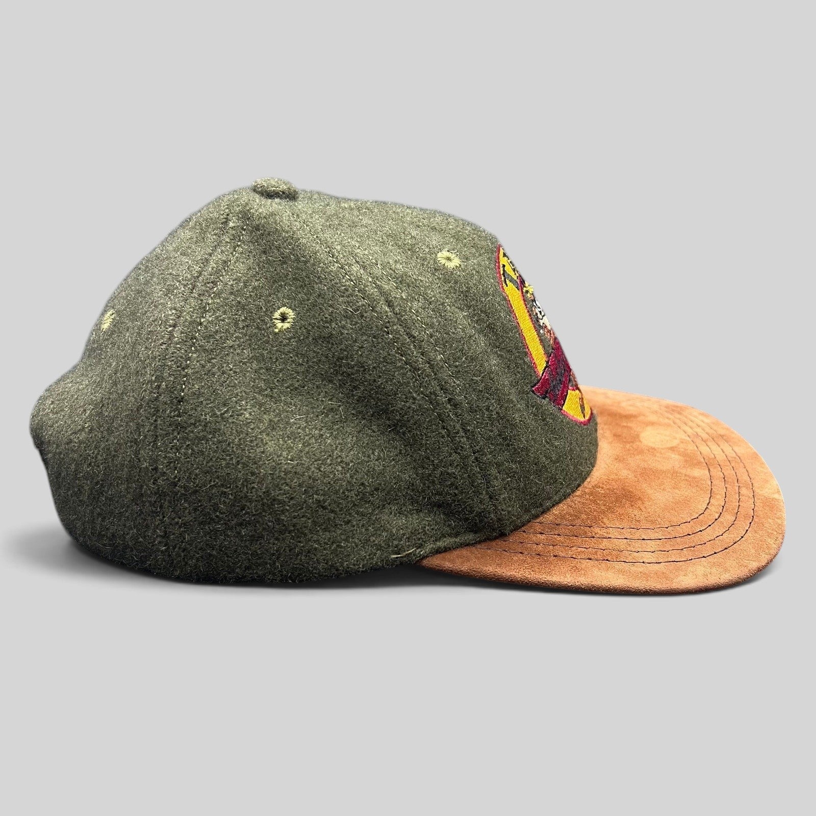 Raree Finds vintage 1991 Harley-Davidson Taz wool hat with a brown suede brim and embroidered Tasmanian Devil patch.